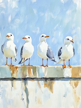 A serene illustration of four seagulls perched on a ledge against a blue sky, capturing a moment of peace in nature.