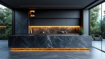 sleek dark marble kitchen island in minimalist space soft bokeh lights create warm ambiance emphasizing luxury and modernity