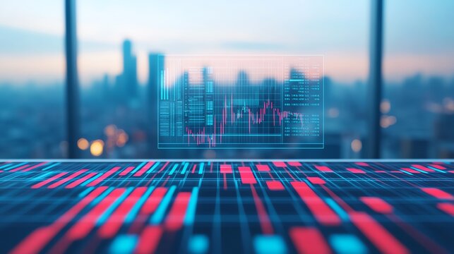 A futuristic data visualization overlaying a city skyline, showcasing financial trends and analytics in a high-tech environment.
