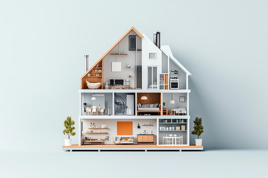 A modern architectural model showcasing a detailed interior layout of a stylish home with various rooms and decor.