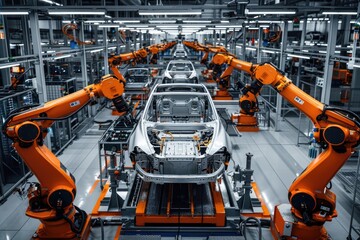 High-tech factory with automated orange robotic arms assembling EV cars