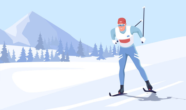 Illustration of a cross-country skier in a snowy landscape, with mountains and pine trees in the background. The athlete wears winter sports attire. Concept of winter sports. Vector illustration