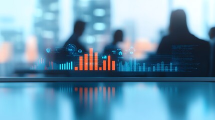 Abstract visualization of financial data with colorful bar graphs against a blurred office backdrop, ideal for business themes.