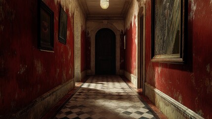 Fototapeta premium The dark style house corridor evokes a nostalgic feeling of the 1980s. Warm cinematic composition, hyper realistic and delicate visual effects, showcasing soft natural light and smooth shadows.