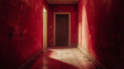 Obraz premium The dark style house corridor evokes a nostalgic feeling of the 1980s. Warm cinematic composition, hyper realistic and delicate visual effects, showcasing soft natural light and smooth shadows.