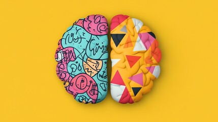 Colorful brain illustration showcasing creativity and logic, highlighting the dual nature of thought in a vibrant design.