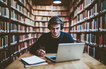 Wearing headphones while doing a college project and watching lectures on his laptop, smart black student guy studying in the library