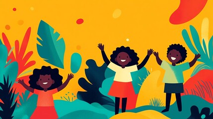 Colorful illustration of joyful girls celebrating in a vibrant garden, showcasing happiness, friendship, and nature.