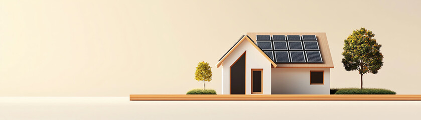 Fototapeta premium A modern house with solar panels and trees, representing sustainable living and eco-friendly architecture.