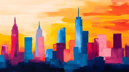 Obraz premium Vibrant city skyline at sunset, showcasing colorful skyscrapers against an orange and pink backdrop, perfect for urban themes.