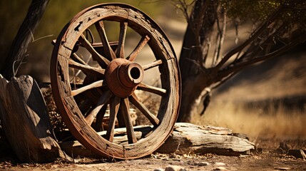 An old wooden wagon wheel leaning up in outdoor area. Neural network ai generated art