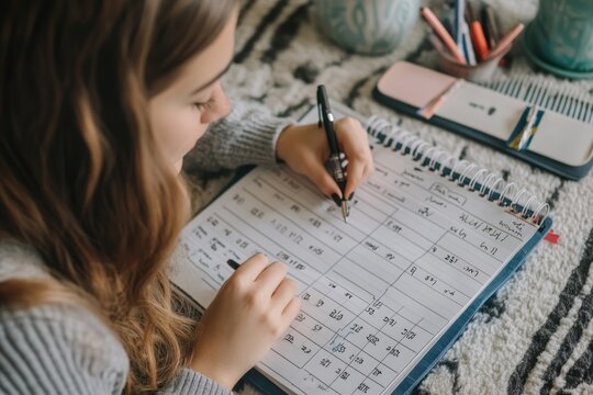 A student reviewing their class schedule and making notes in a planner, getting organized and ready for a successful semester