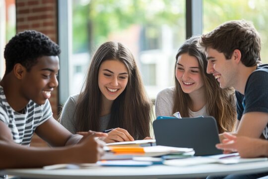 College students in a study group, collaborating on assignments and discussing course materials, building academic relationships