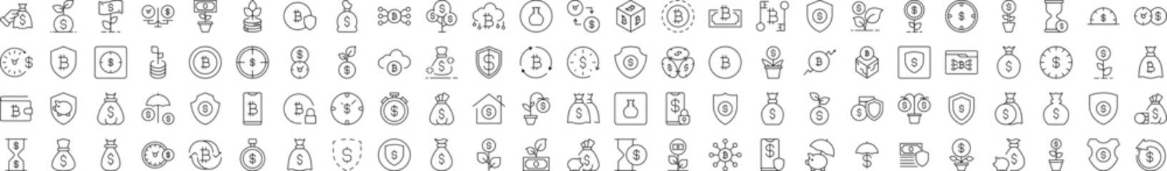 Line Icon Set of Insurance and Money Savings. Contains Icons of Dollar, Shield, Bag, Wallet that Can Be Used for Design of Cards, Posts, Apps, Web Sites