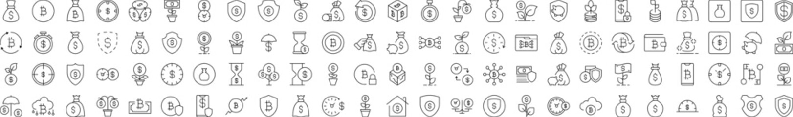 Insurance and Money Savings Icon Set. Contains Icons of Dollar, Shield, Bag, Wallet that Can Be Used for Design of Cards, Posts, Apps, Web Sites