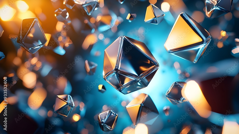 Poster futuristic metallic glossy 3d shapes floating in surreal digital space composition
