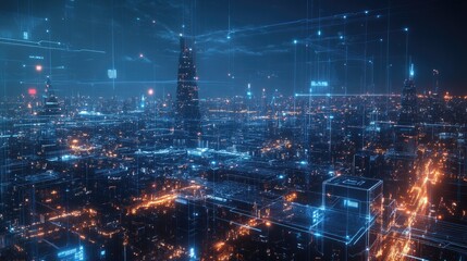 Obraz premium AI metropolis, advanced urban design, digital networks, futuristic technology
