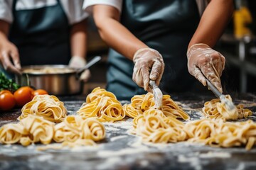 Friends in aprons, learning to make homemade pasta together in a fun and interactive cooking class