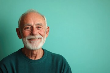 Elderly man in a relaxed pose, smiling, in front of a solid light green background with copy space