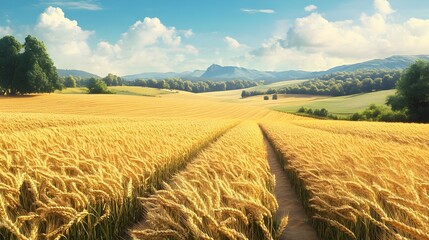 Serene golden wheat field with mountain landscape in the distance