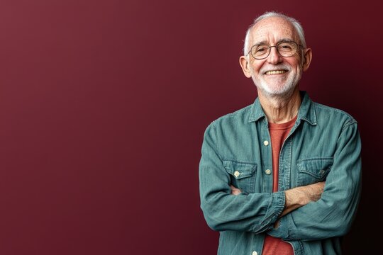 Half body shot of a smiling senior man, standing against a solid maroon background with copy space for text
