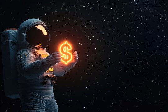 Astronaut in space touching glowing dollar sign in zero gravity, Cosmic wealth