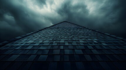 An aerial view of a roof with minor shingle damages under a dramatic sky, the play of light and shadow highlighting the imperfections, Cinematic, High contrast, Photography