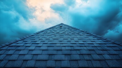 An aerial view of a roof with minor shingle damages under a dramatic sky, the play of light and shadow highlighting the imperfections, Cinematic, High contrast, Photography
