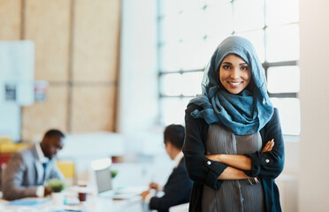 Portrait, arms crossed and Muslim woman with smile, office and confident with religion in business. Accountant, happy and proud of culture with headscarf, ambitious and employee in bank and Islamic