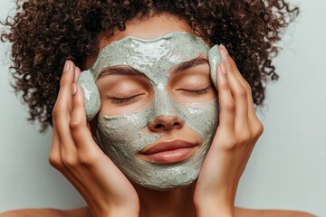Fototapeta premium A close-up of a woman with curly hair, eyes closed in relaxation, as she applies a soothing facial mask with both hands