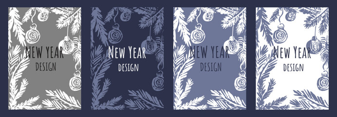 New Year, snow template with fir trees and Christmas tree toys. Vector winter holiday set. For cards, banners, wrapping paper.