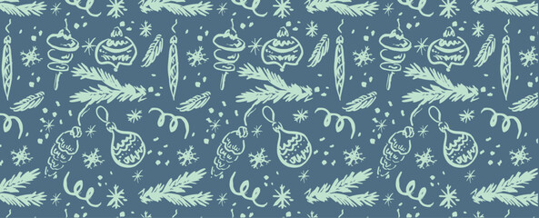 New Year, snow pattern with fir trees and Christmas tree toys. Vector winter holiday background. For cards, banners, wrapping paper.