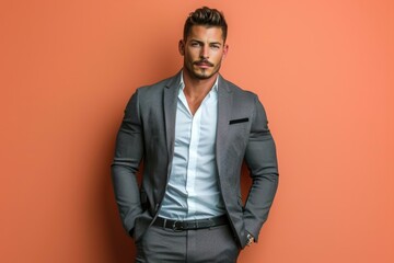 Fototapeta premium Muscular man in a sharp outfit, confidently standing against a solid color backdrop, showcasing his fit body and smart, professional demeanor