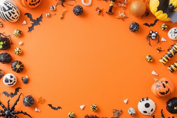 Fototapeta premium Top view of Halloween decorations scattered around an empty space on an orange background, ideal for creating greeting cards or party invitations with a spooky theme