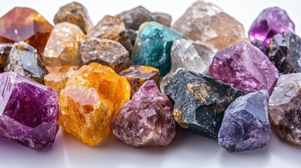 A collection of rough, uncut gemstones with room on the left for copy