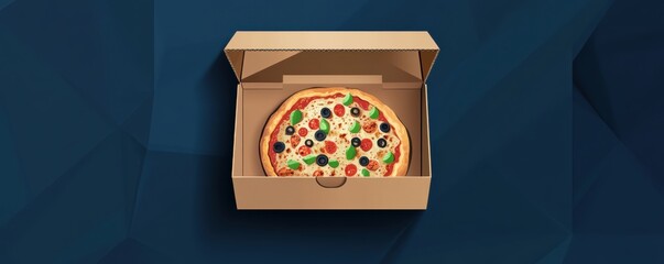 Minimalist logo of an open pizza box with a fresh, colorful pizza on a dark geometric background