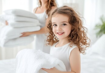 Naklejka premium Two young women holding a stack of towels and washed clothes, home cleaning day.