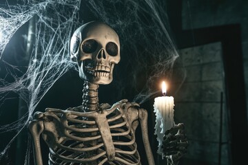 A spooky flyer idea featuring a skeleton holding a candle in a dark room, with cobwebs and flickering shadows adding to the eerie atmosphere