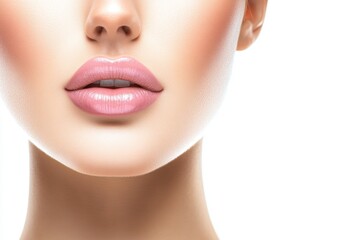 Obraz premium The subject has perfect lips using hyaluronic acid injections on a white background. Closeup of the subject's lips on a white background.