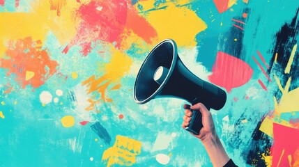 A megaphone held high in a hand, surrounded by abstract marketing visuals, conveying the message of reaching and engaging a wide audience.