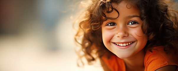 Fototapeta premium A young girl with curly hair smiles joyfully while playing outdoors in the afternoon sunlight