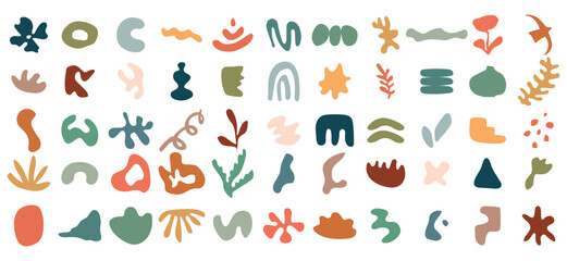 Set of abstract organic shapes kit, vector irregular hand drawn blob set, organic shapes, liquid form, nature liquid random forms. Vector retro colors set of hand-drawn geometric shapes in boho style.