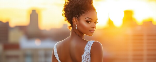 Portrait of a beautiful bride at a city skyline overlook at golden hour