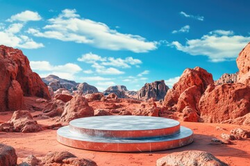 An isolated podium in a Martian environment, surrounded by red rocks and a vibrant blue sky, perfect for sci-fi themed product showcases