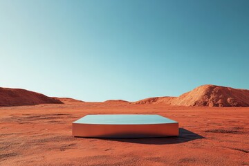 A modern podium set on the red surface of Mars, with a clear blue sky, providing a striking and unusual backdrop for product displays