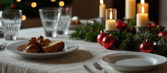 Naklejka premium Table served for Christmas dinner in living room, close up view