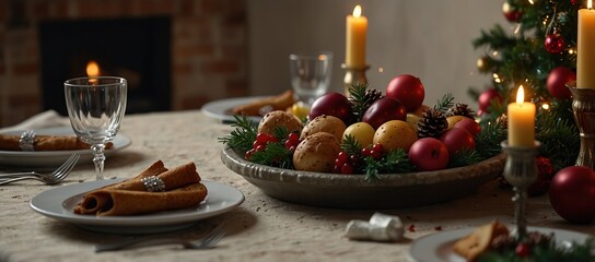 Table served for Christmas dinner in living room, close up view