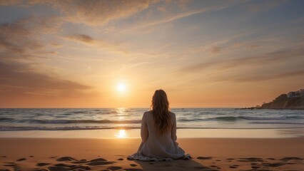 Fototapeta premium Woman in White Sitting on a Sandy Beach at Sunset
