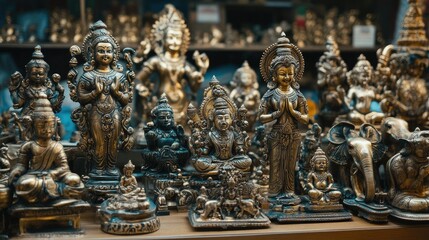 Fototapeta premium A display of intricately designed brass statues, with room on the left for copy