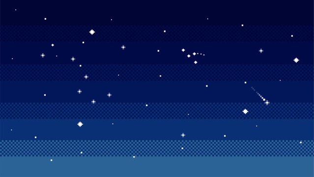 Night sky with stars background in pixel art. Vector illustration.
